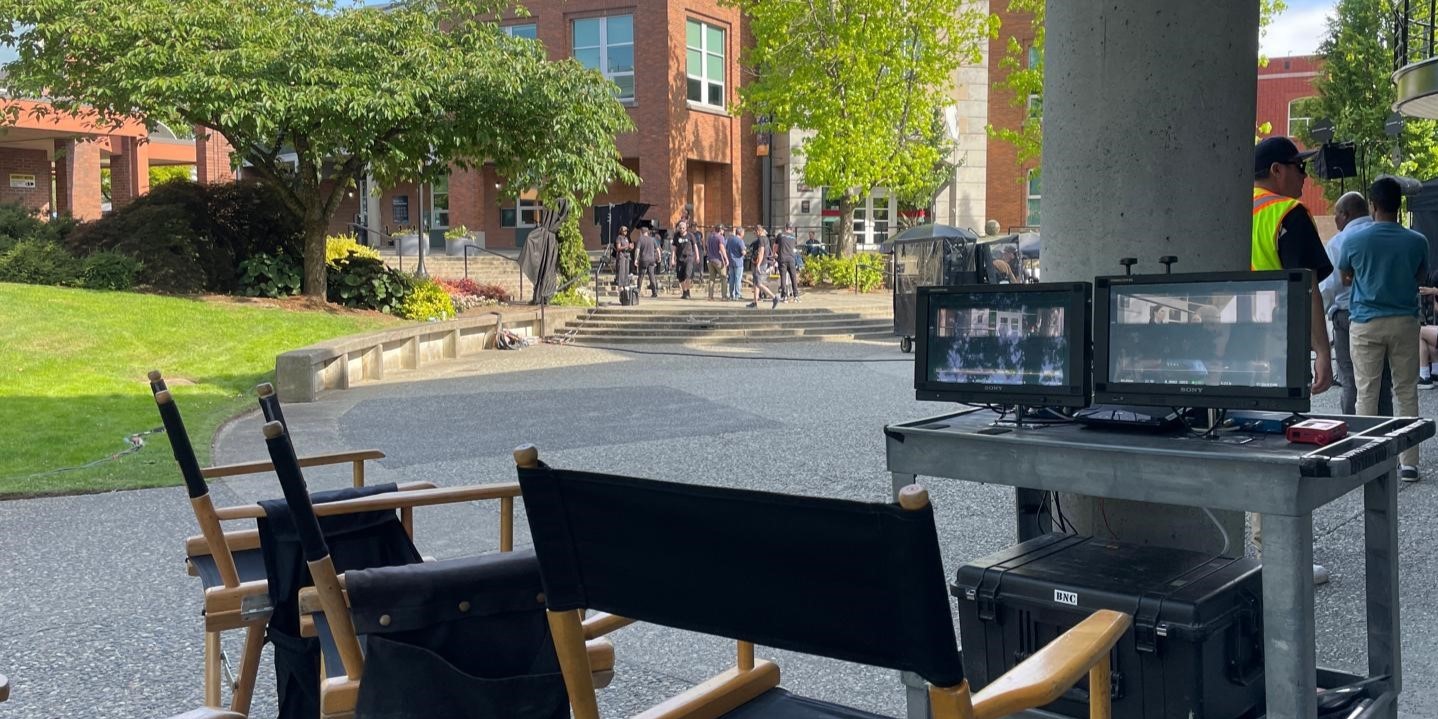 Film directors' chairs set up in the Maple Ridge Municipal Plaza