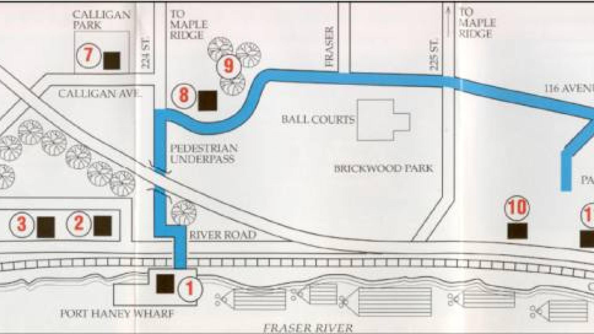 Heritage walk map detailing the different heritage building stops in Maple Ridge.