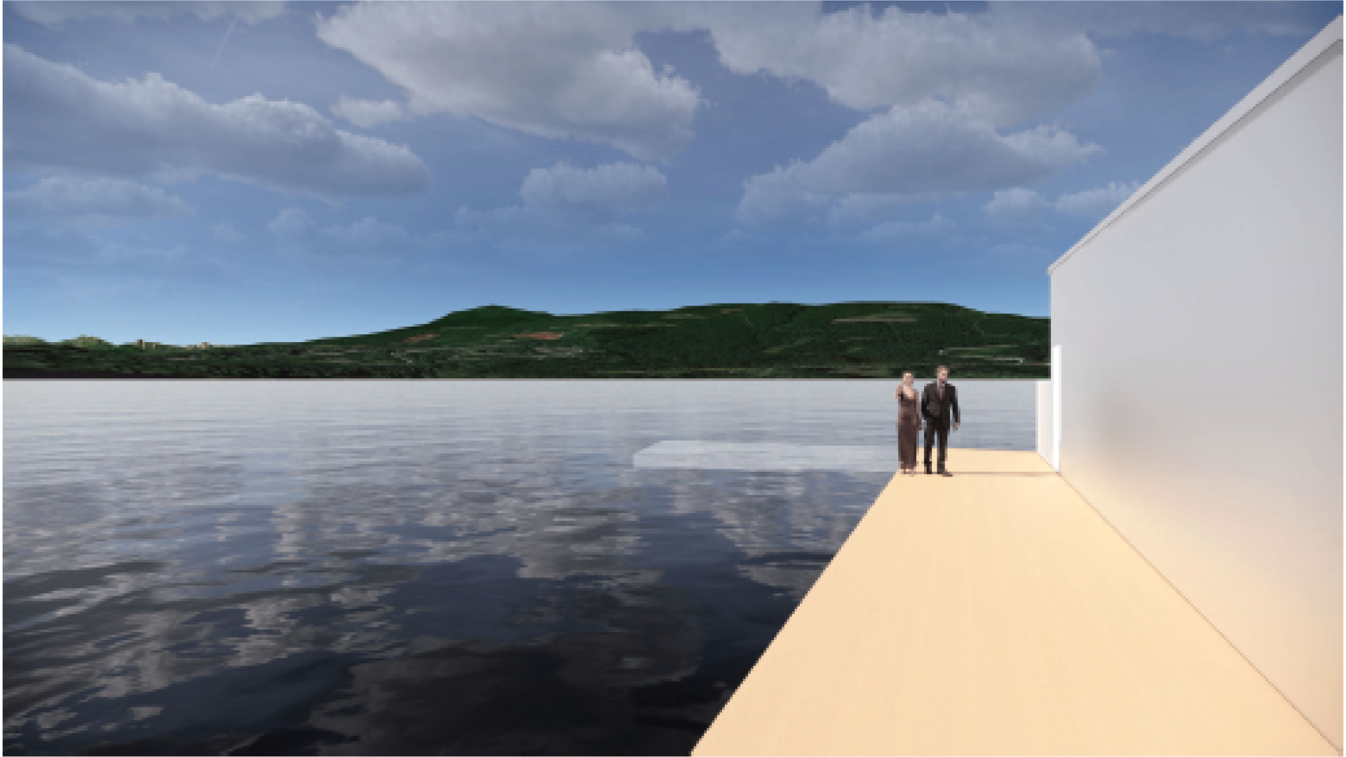Render of a structure by the water. There are some people walking on a platform by the water.