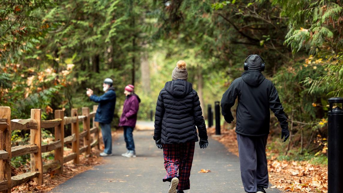 Two people walk along a pave path. Ahead, two other people look over the wood fence lining the path, taking a picture.
