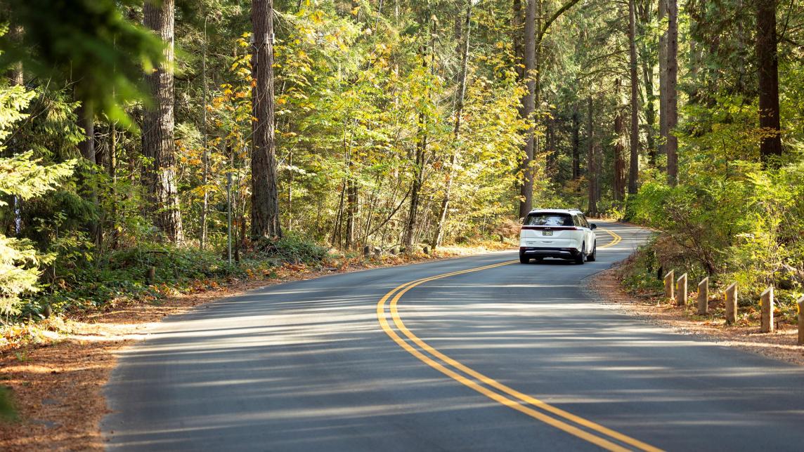 A white SUV drive away along a freshly paved, windy road through a forest.