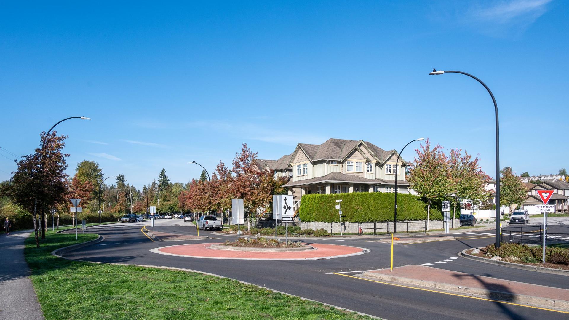 A street view of the new roundabout at the intersection of Kanaka Way and 234A Street.