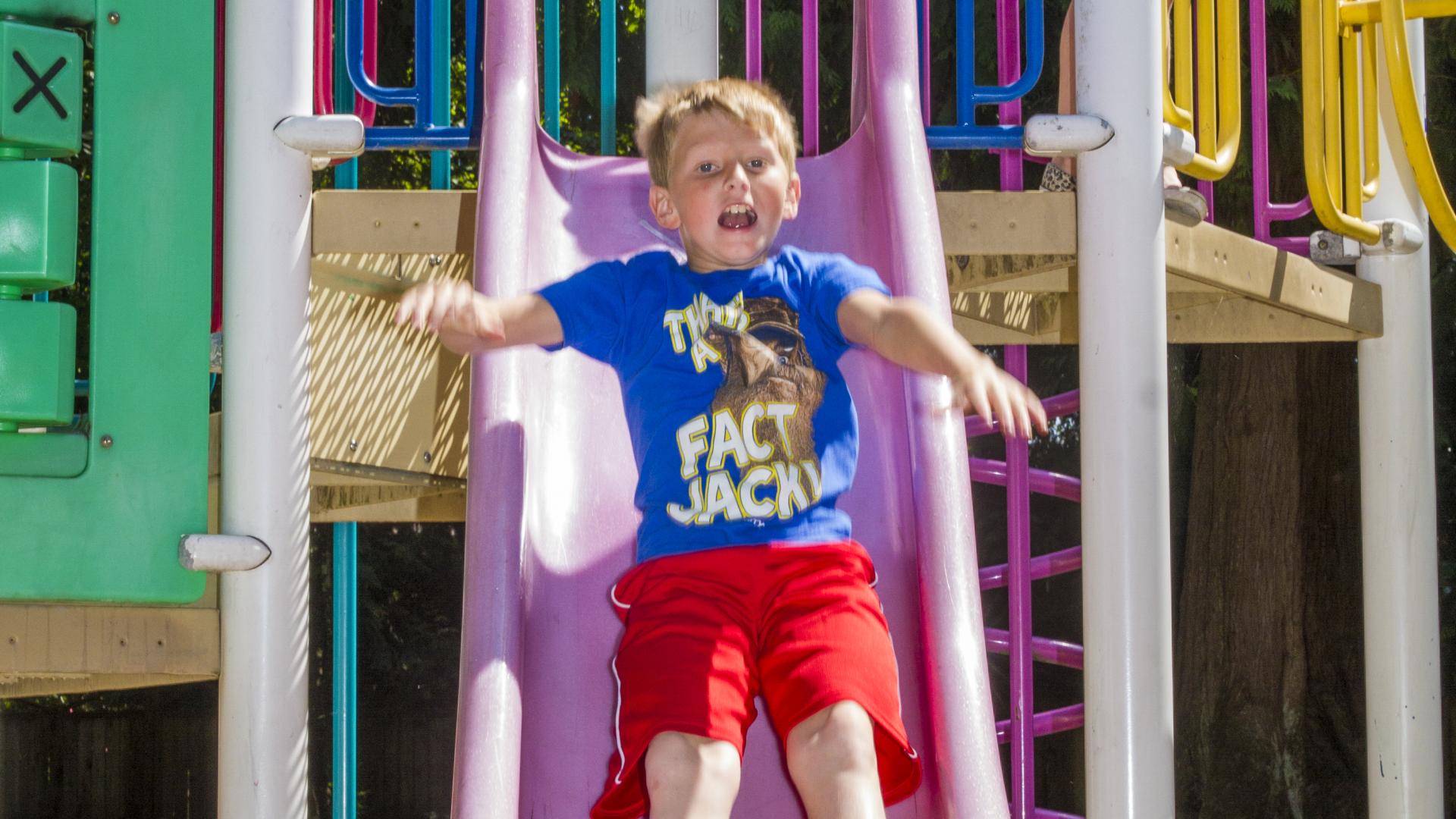 A young boy smiles as he goes down a pink slide.