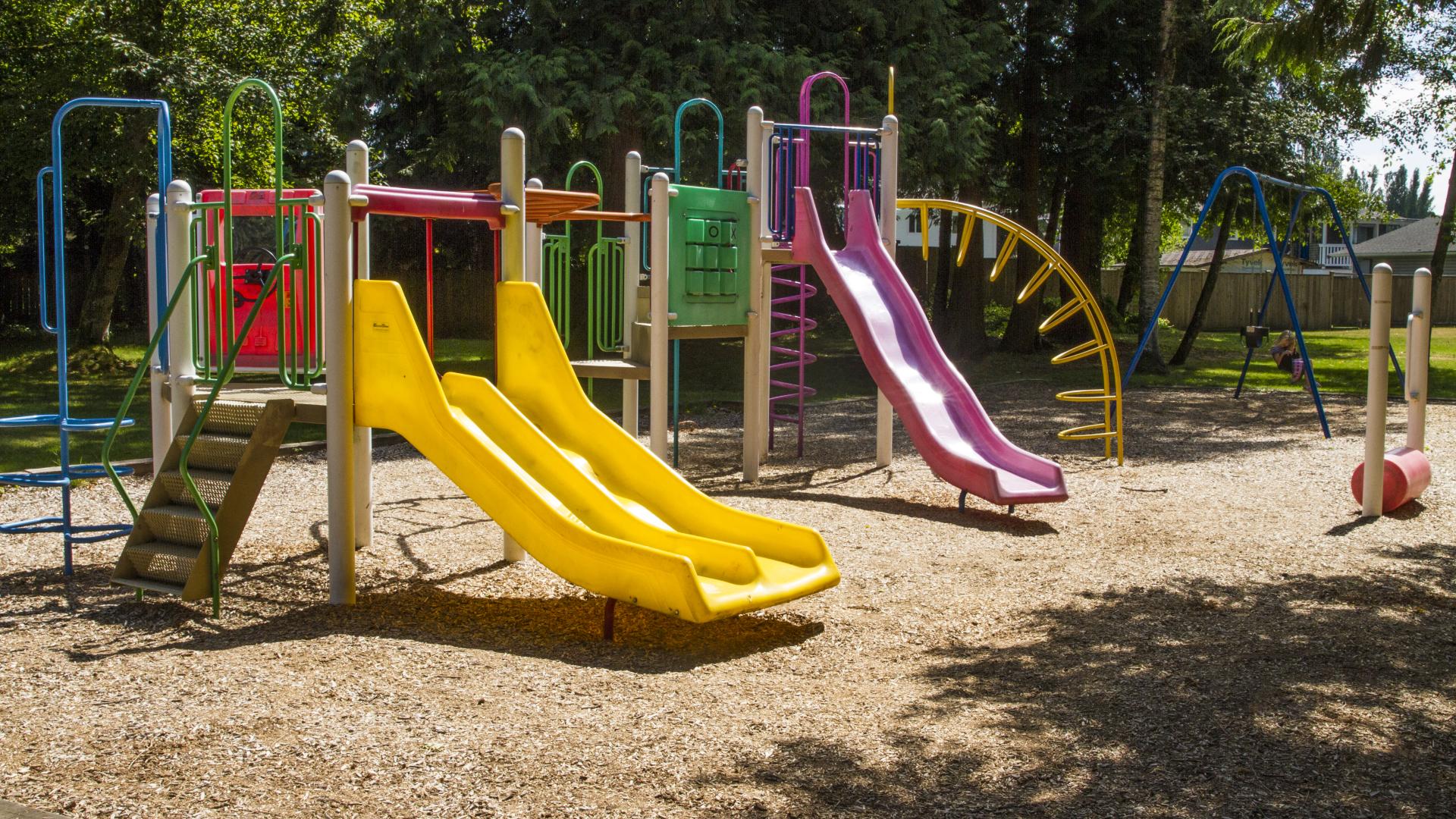 A small playground with three slides sits over a bark mulch play area.