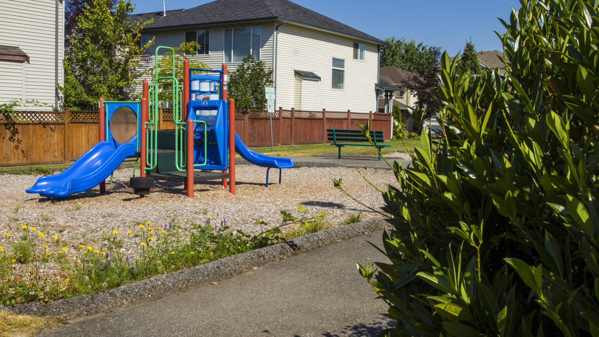 A bed of gravel with some plants growing through around the edges. In the centre, there is a small playground with two slides.