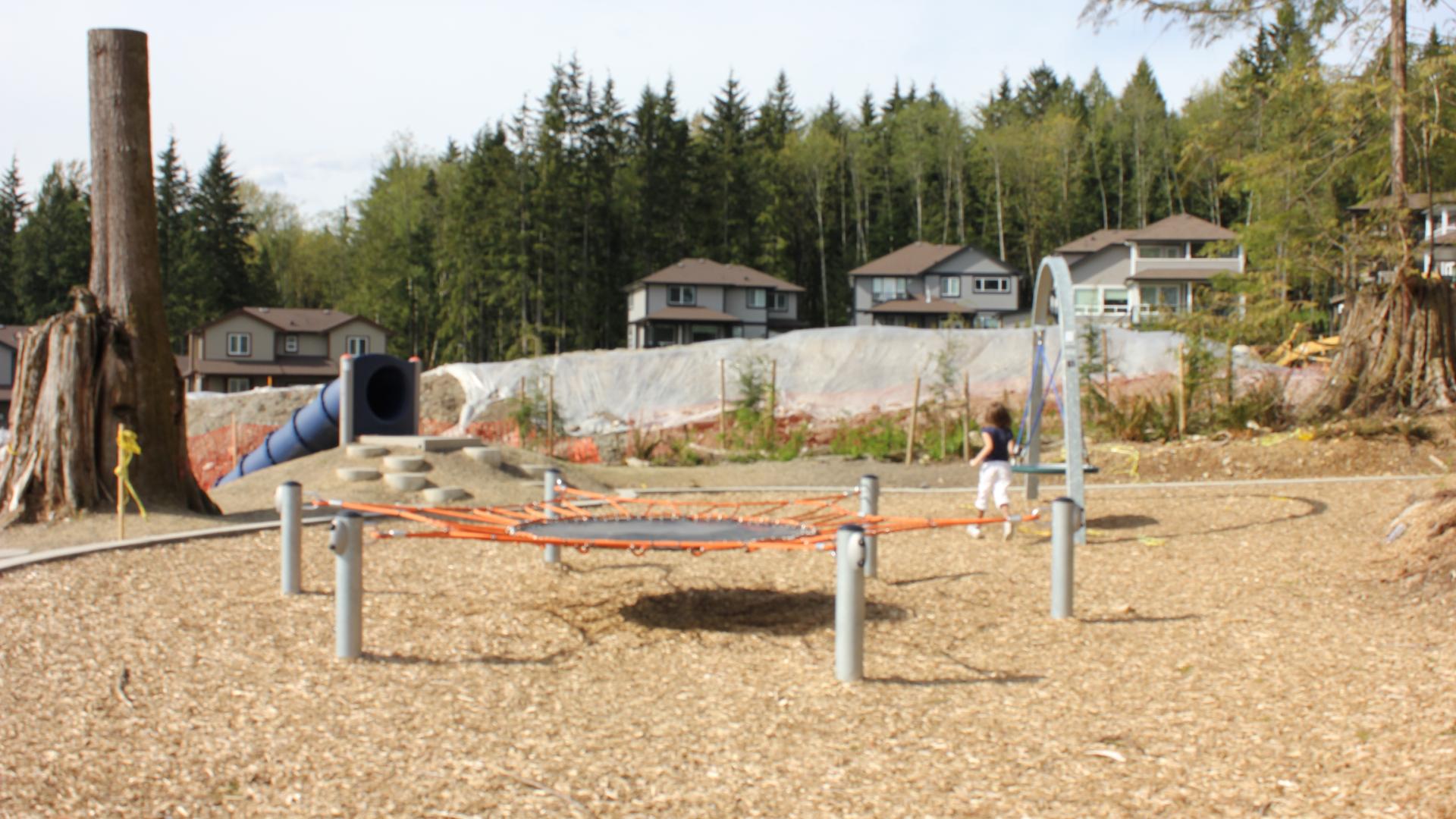 A small suspended rope net, possibly with a trampoline in the middle. It's suspended over mulch covered ground, about two feet high.