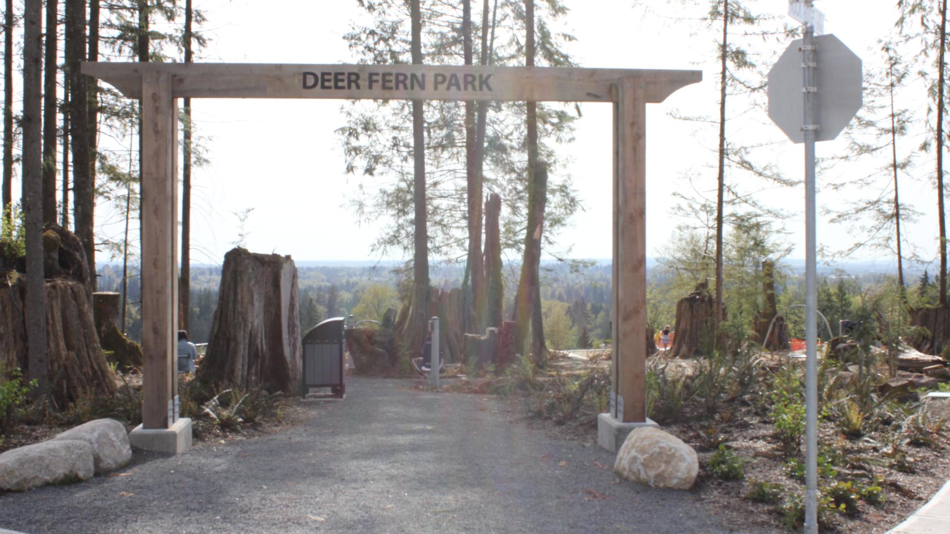 A paved pathway with a large wood arch over it.