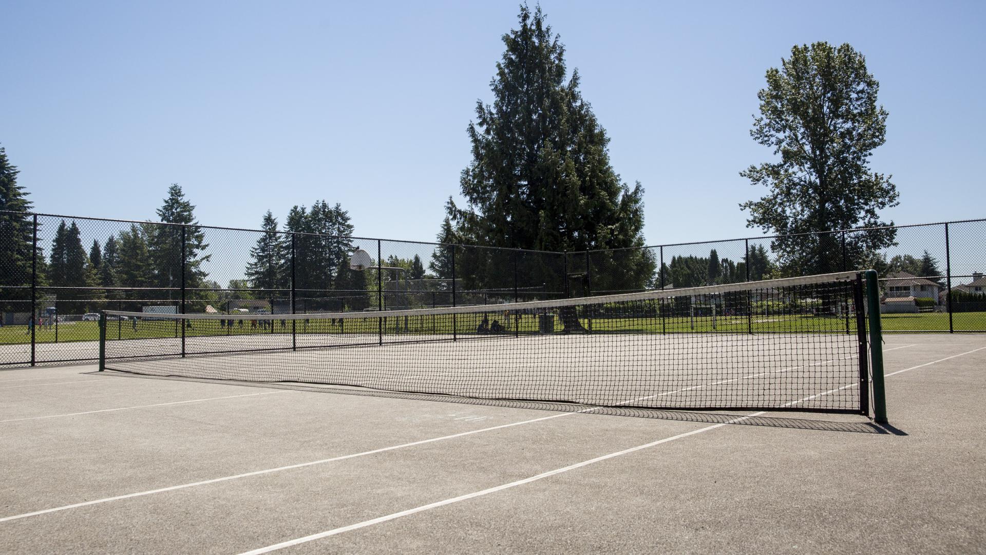 A tennis court sits next to a grassy field dotted with trees on a sunny day.