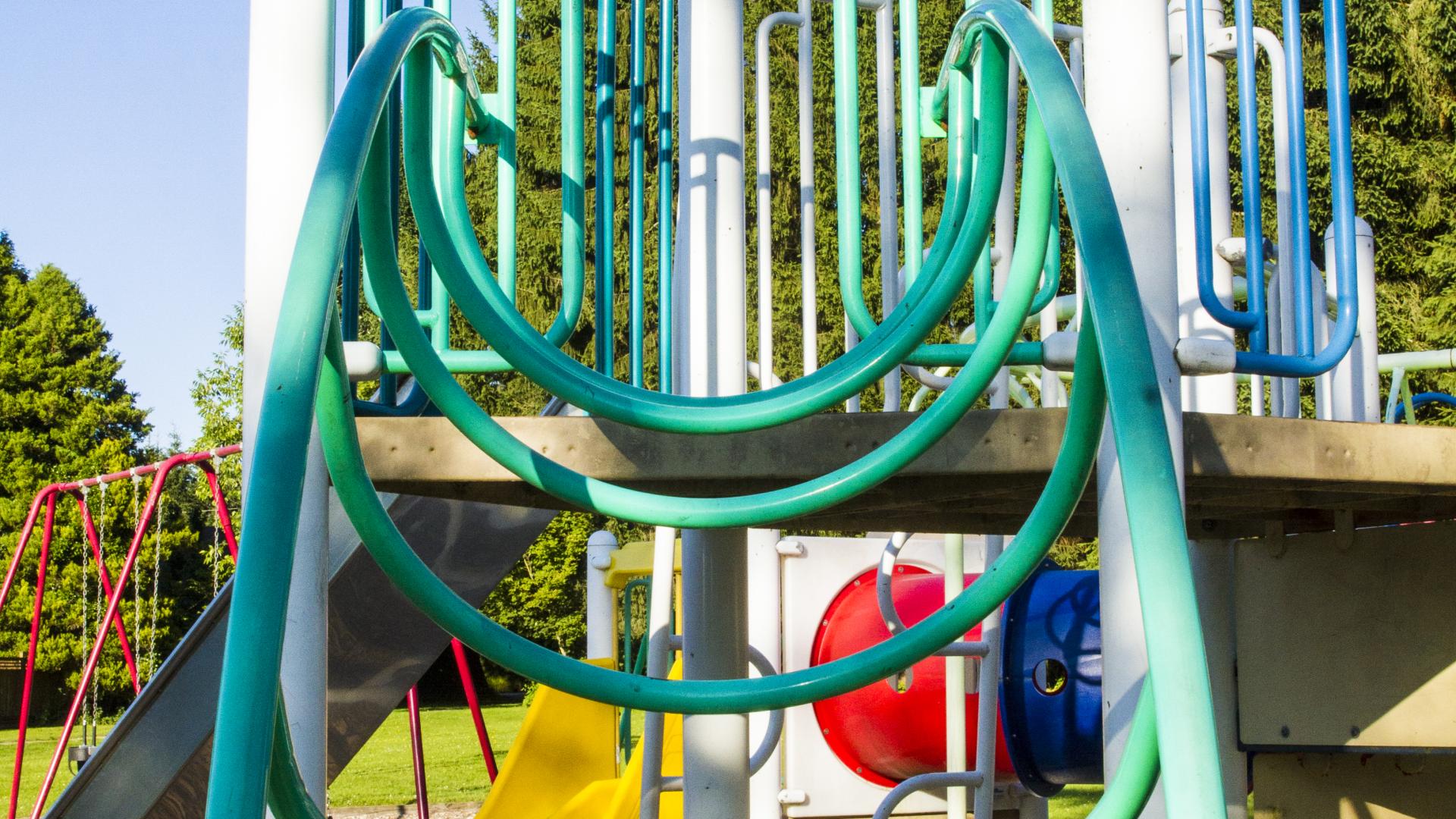 A rounded ladder up to the top of a playground.