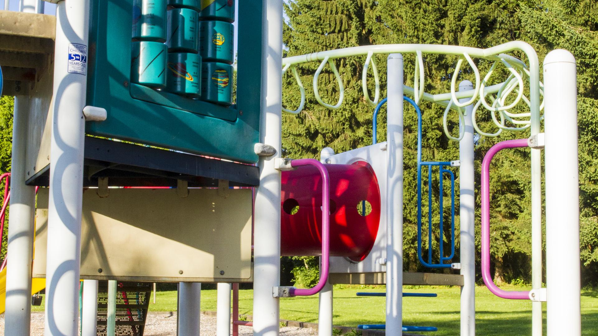 A brightly coloured playground with a variety of monkey bars branching of the structure. 
