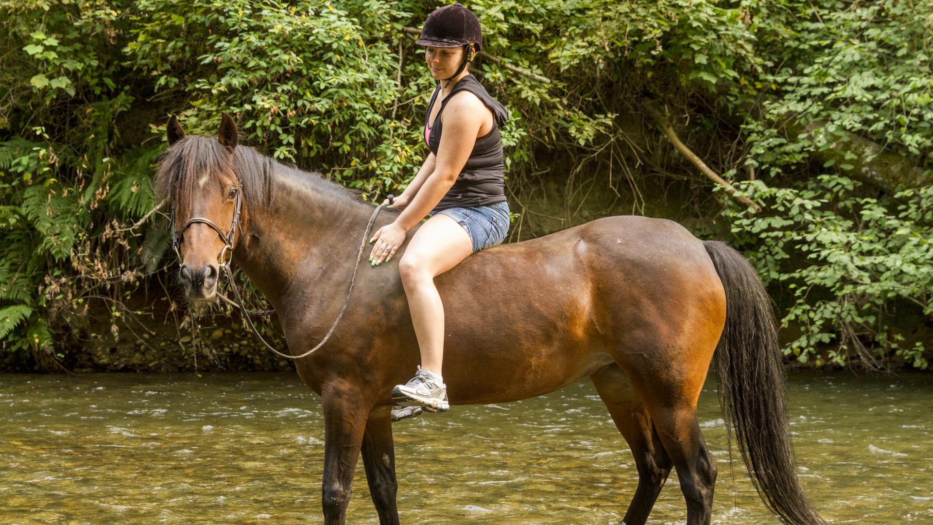 A woman rides a brown horse bare back in a very shallow river.