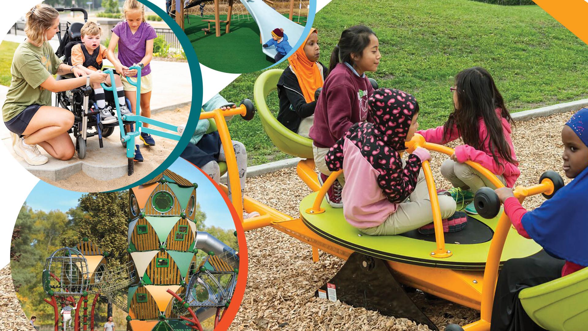 A collage of photos showing kids playing on park equipment sits under a blue banner with white text proclaiming "Construction Begins Soon! We're expanding the Playground at Maple Ridge Park. Est. Completion time Fall 2024."