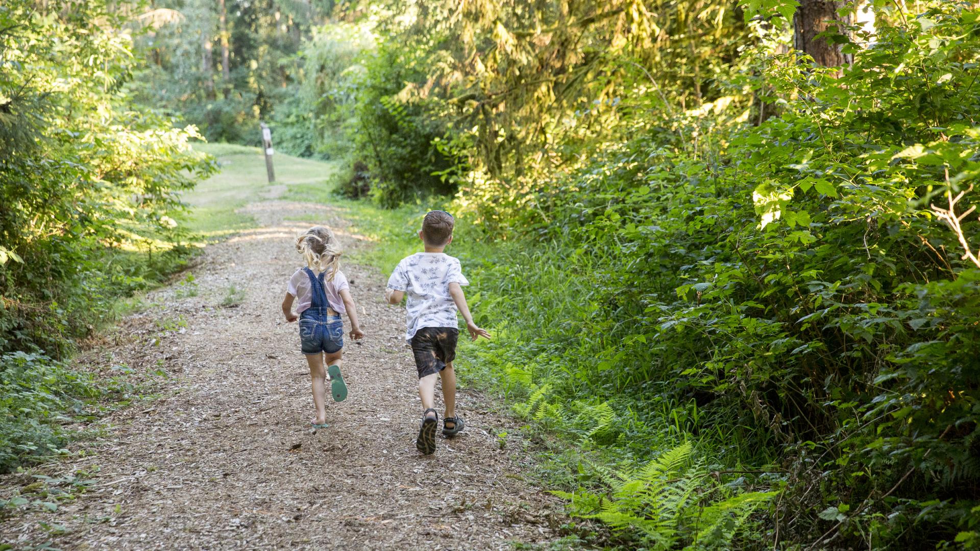Two children run along a mulch path through some trees.