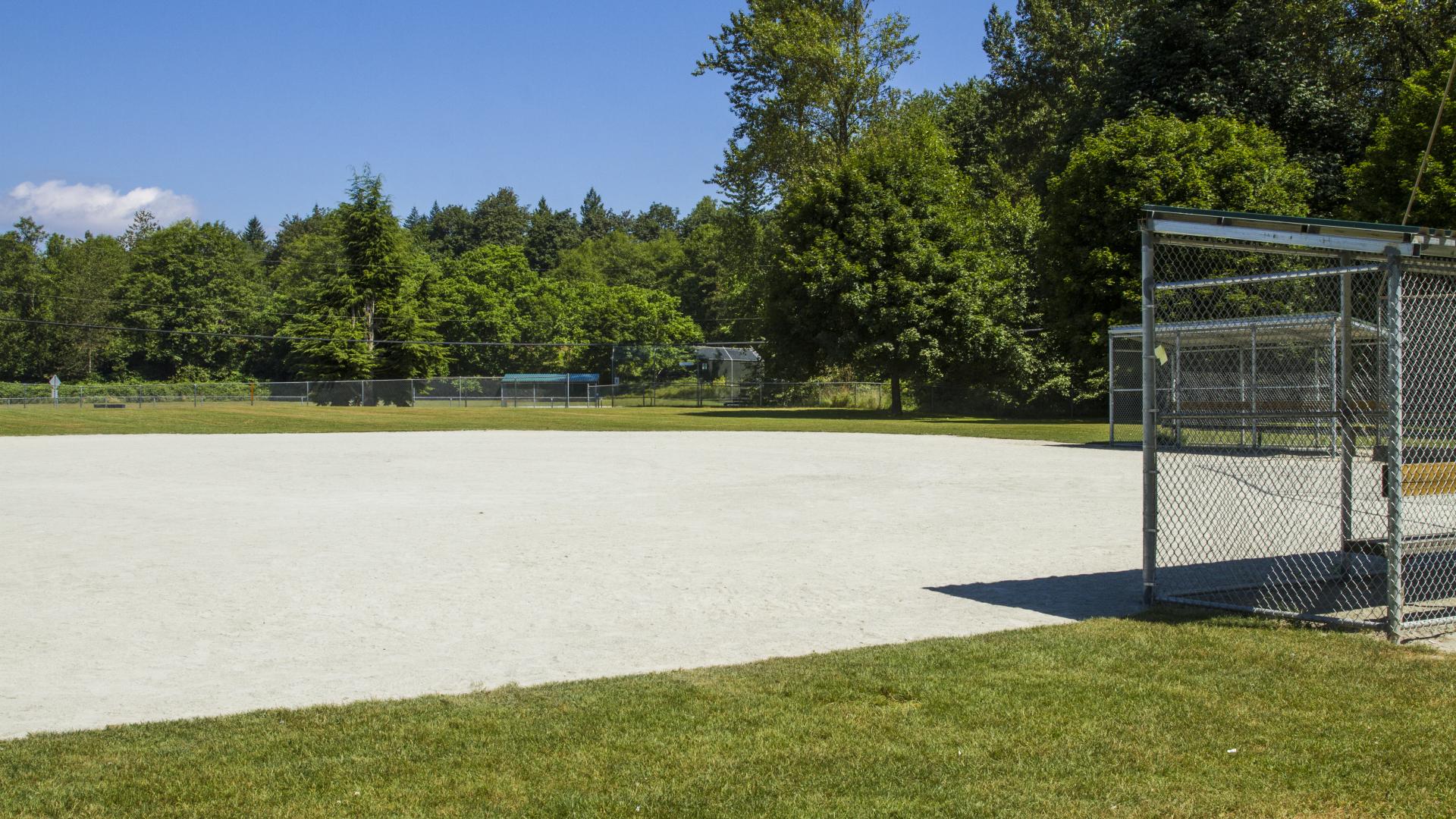 A sunny baseball diamond.