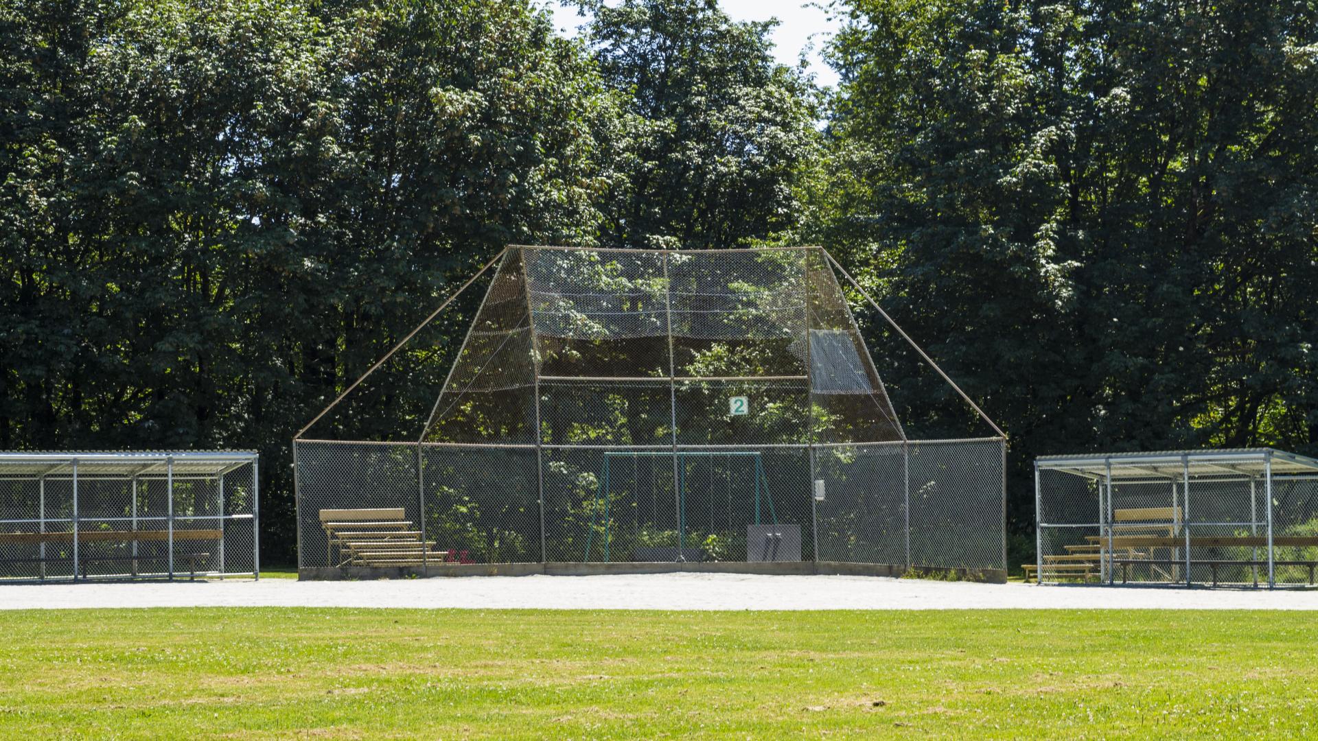 A baseball diamond with trees lining the back catch.
