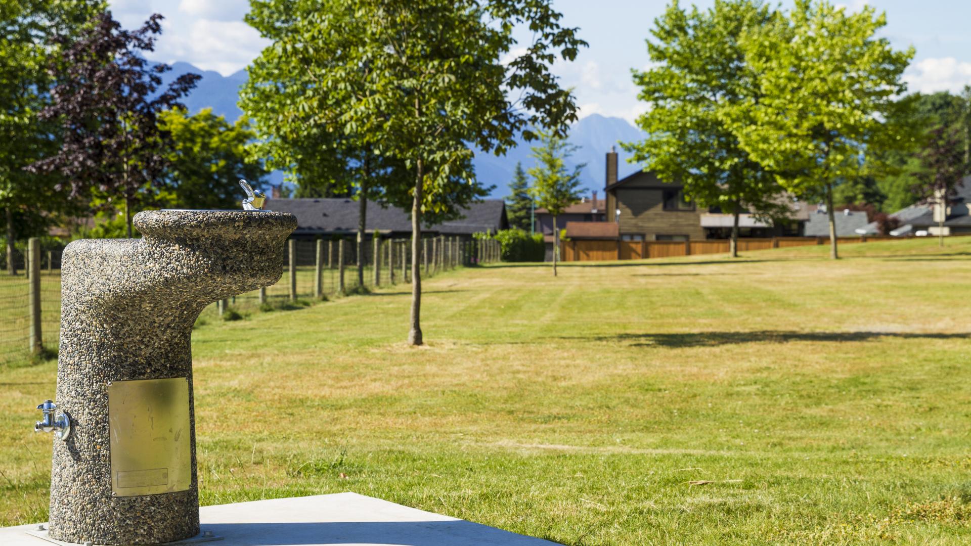A small stone structure that appears to be a water fountain. Next to it, there is a large grassy field with a few small trees near the edges.