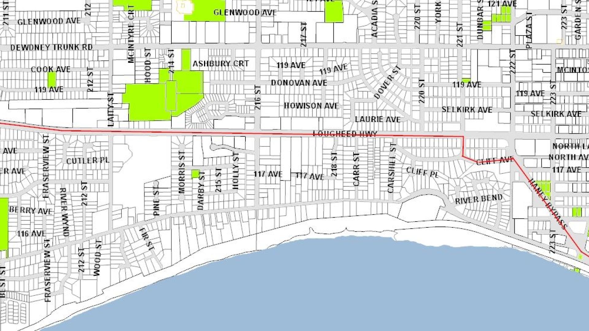 A black, white and green map showing the location of the South Slope Forcemain Upgrades via a red line.
