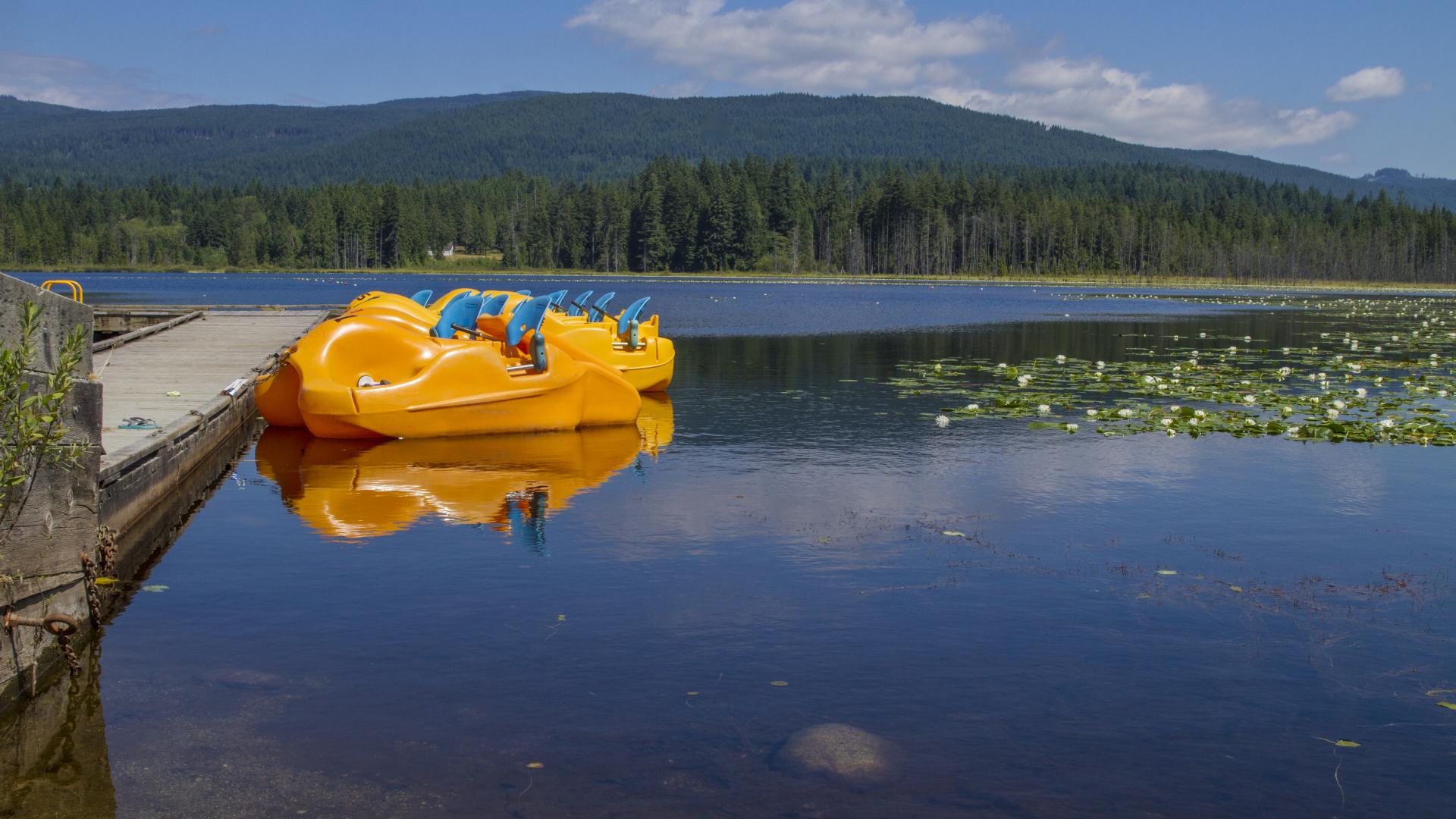 A view of a lake from dock level. Several yellow paddle boats line the doc and mountains rise in the background.