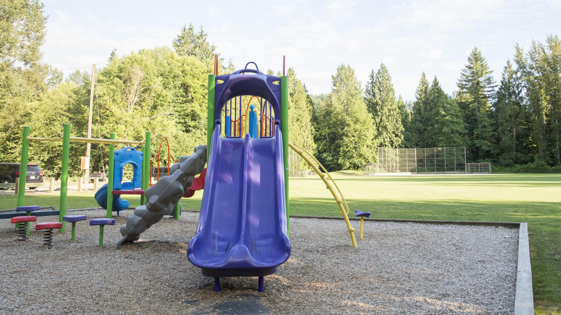 A blue double-slided playground sits in next to an open field ringed by trees with a baseball diamond in the background.