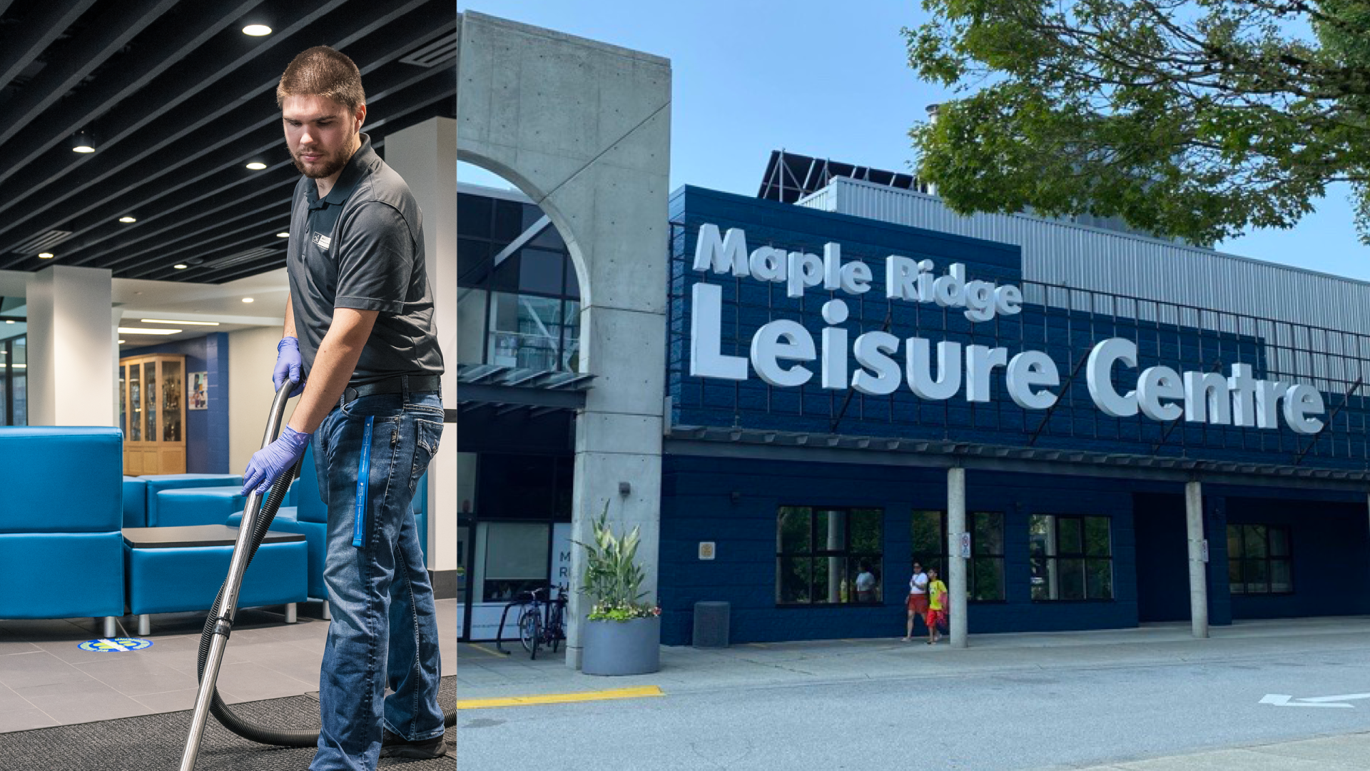 A person Vacuuming with a Second Image of the Outside of the Maple Ridge Leisure Centre