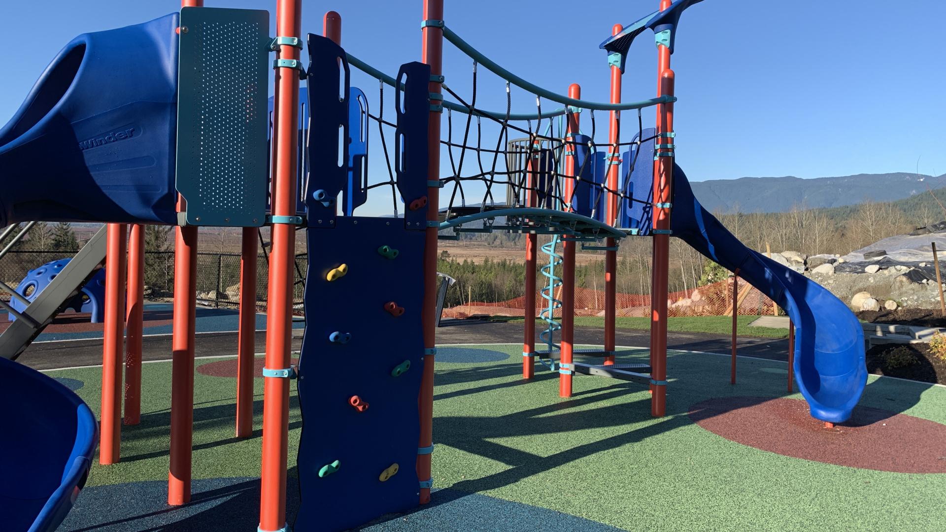 Playground structure with rock climbing wall, suspension bridge and two slides