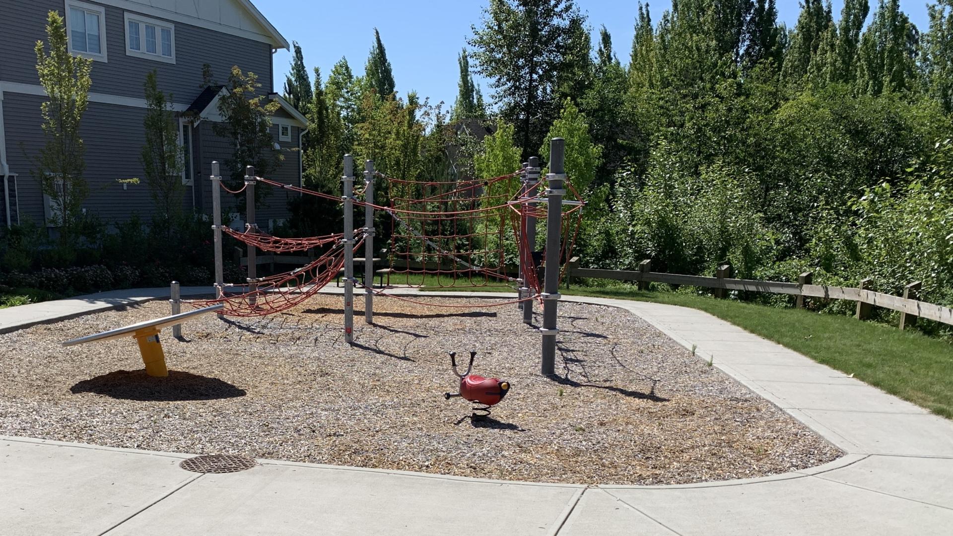 Net climber playground on wood chip surfacing