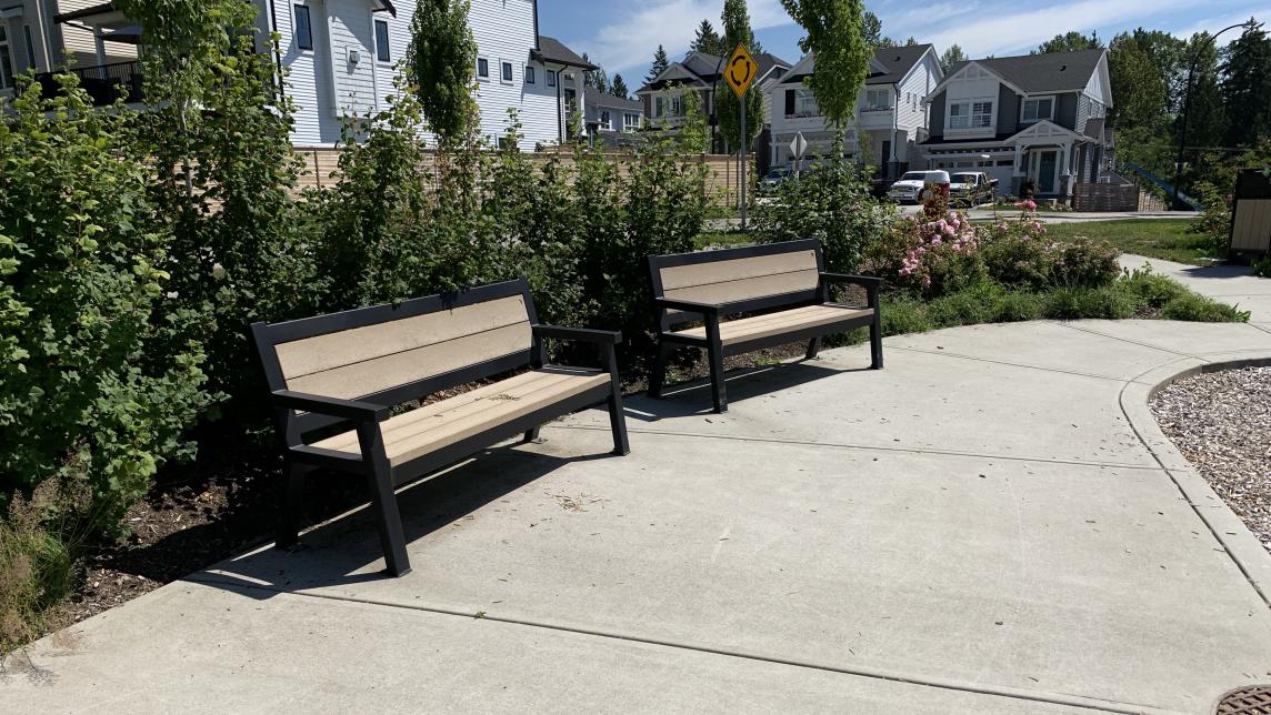 Two benches on concrete sidewalk with greenery behind