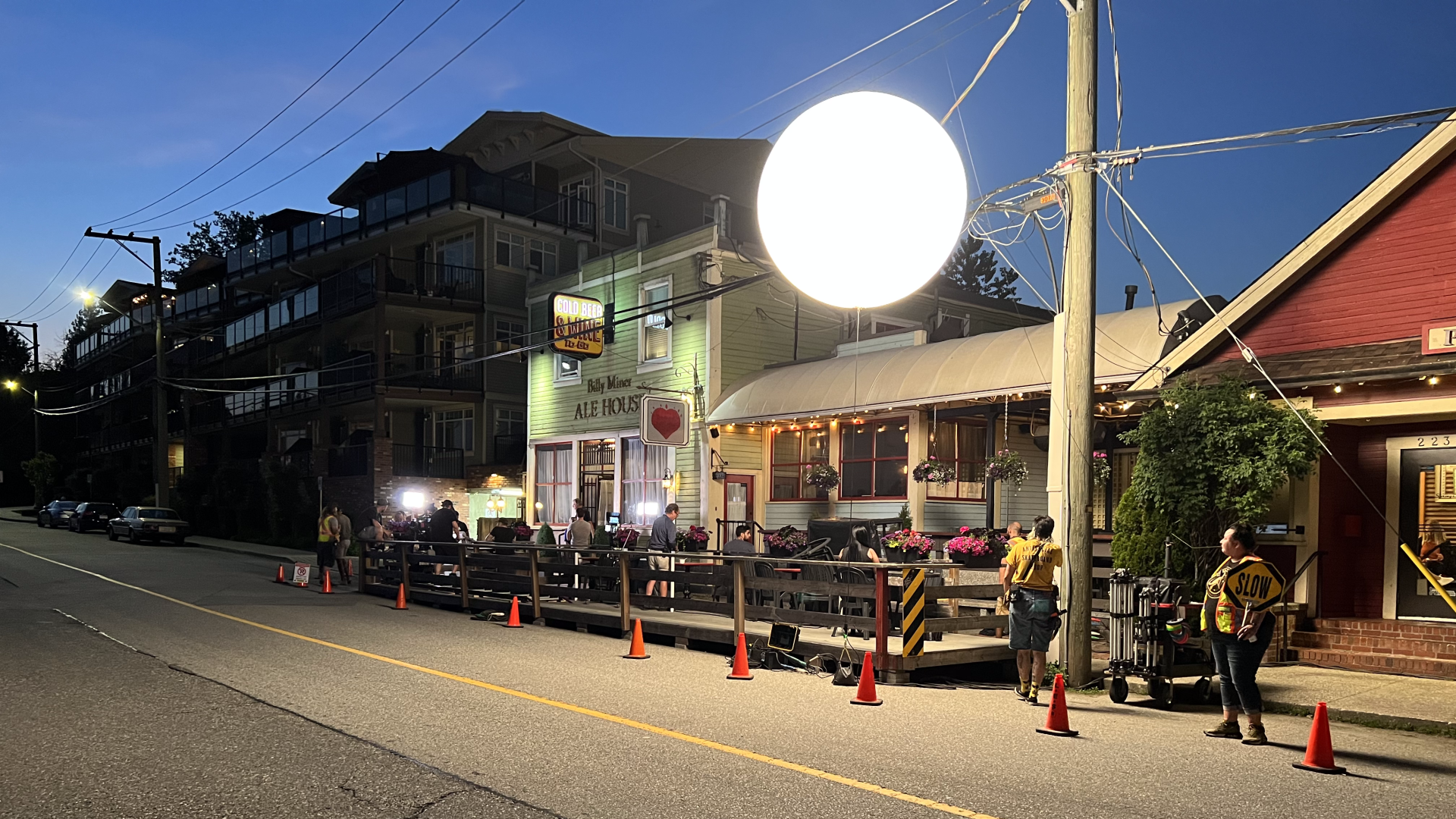 An exterior shot of a film production at Billy Miner Pub 