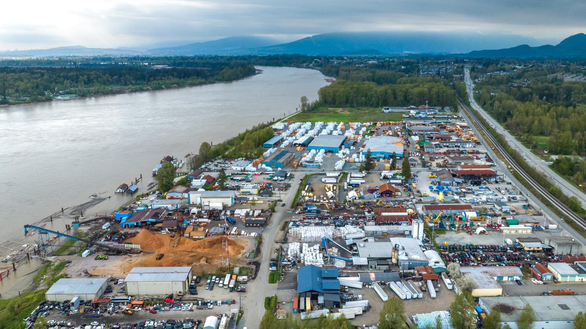 aerial photo of albion industrial lands along Fraser River
