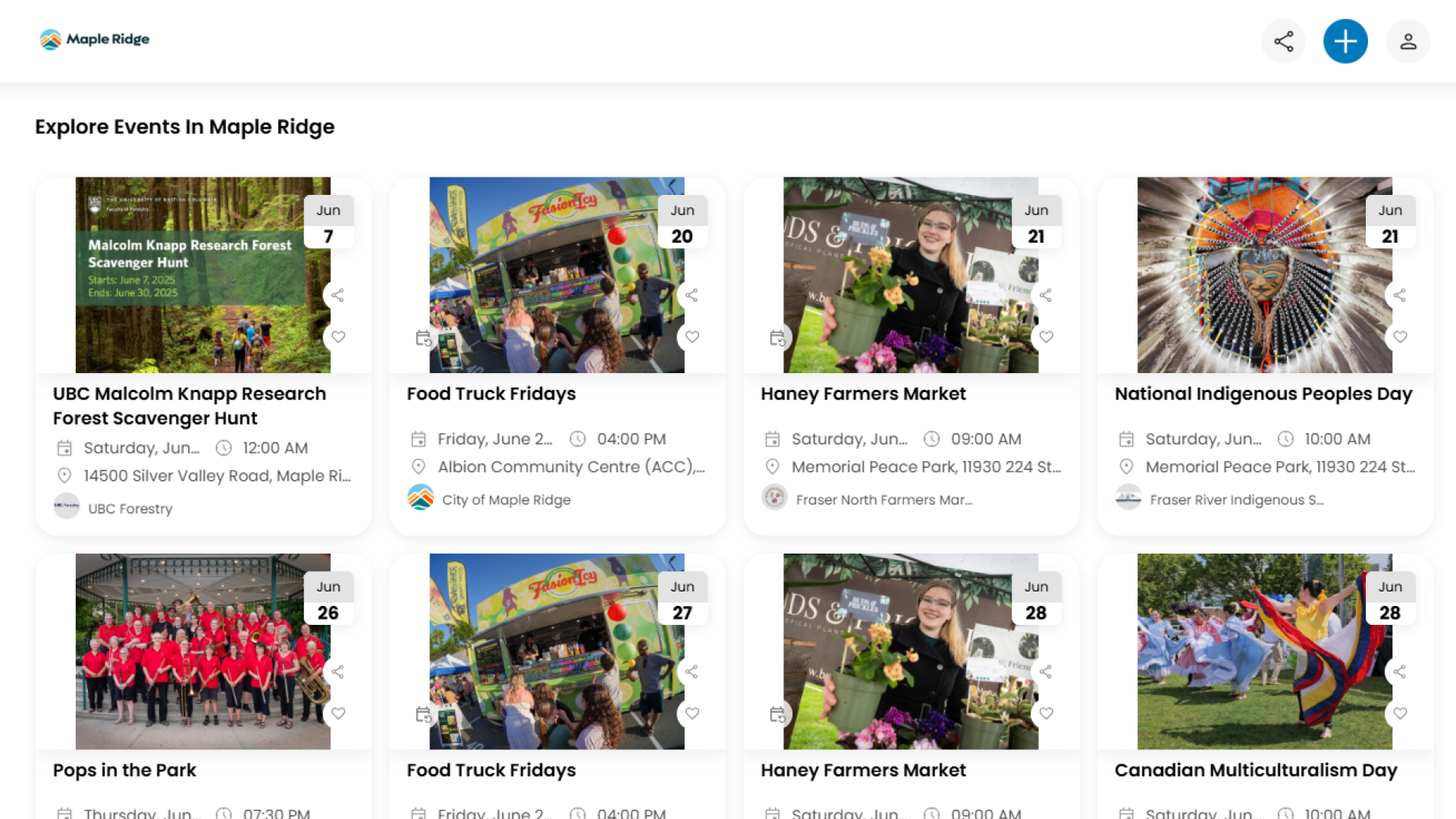 A screenshot of the Discover Maple Ridge Hub showcasing various City events.