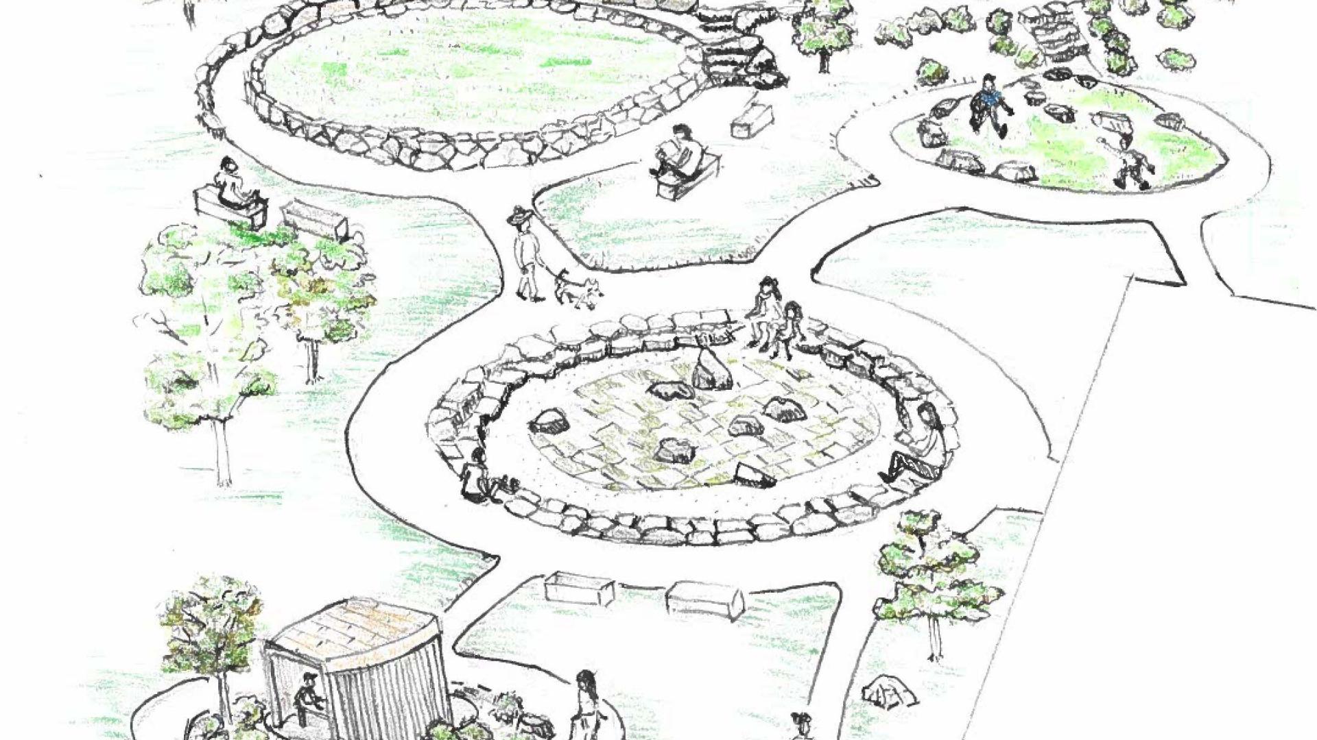 A hand-drawn isometric view of a Japanese garden with multiple interconnected circular gardens