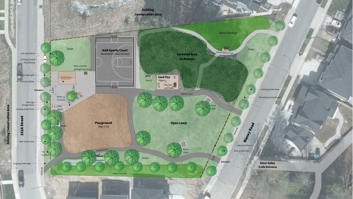 Concept plan showing park layout with half sports court, playground small picnic shelter, open lawn and natural area