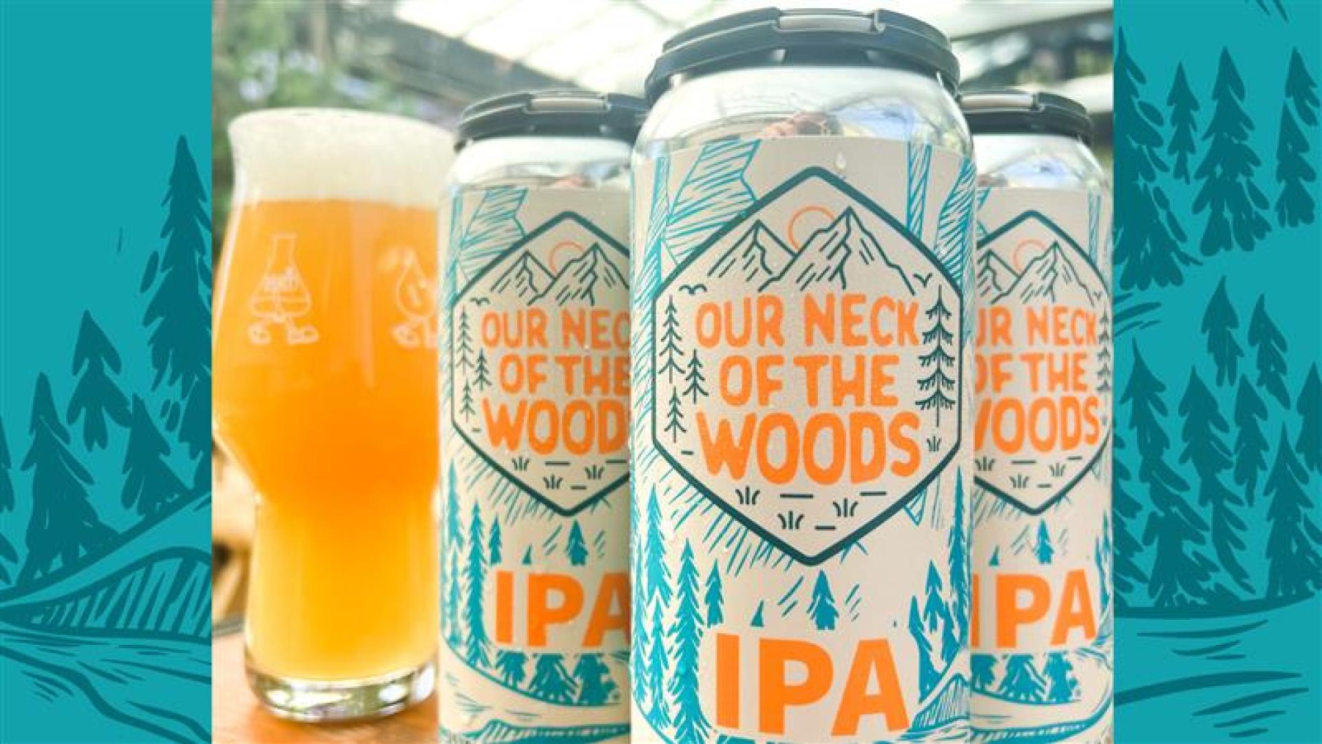 Three tall cans of Our Neck of the Woods collaboration IPA Beer showcase a vivid white background and teal artwork with orange lettering.