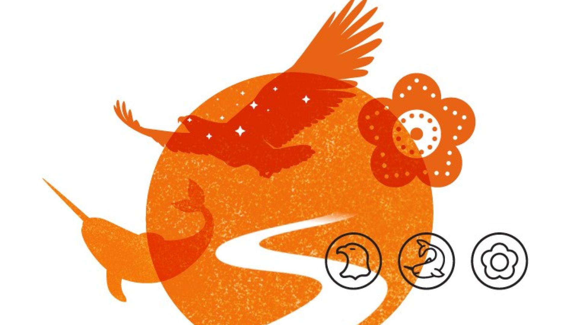 Orange eagle, walrus, and flower