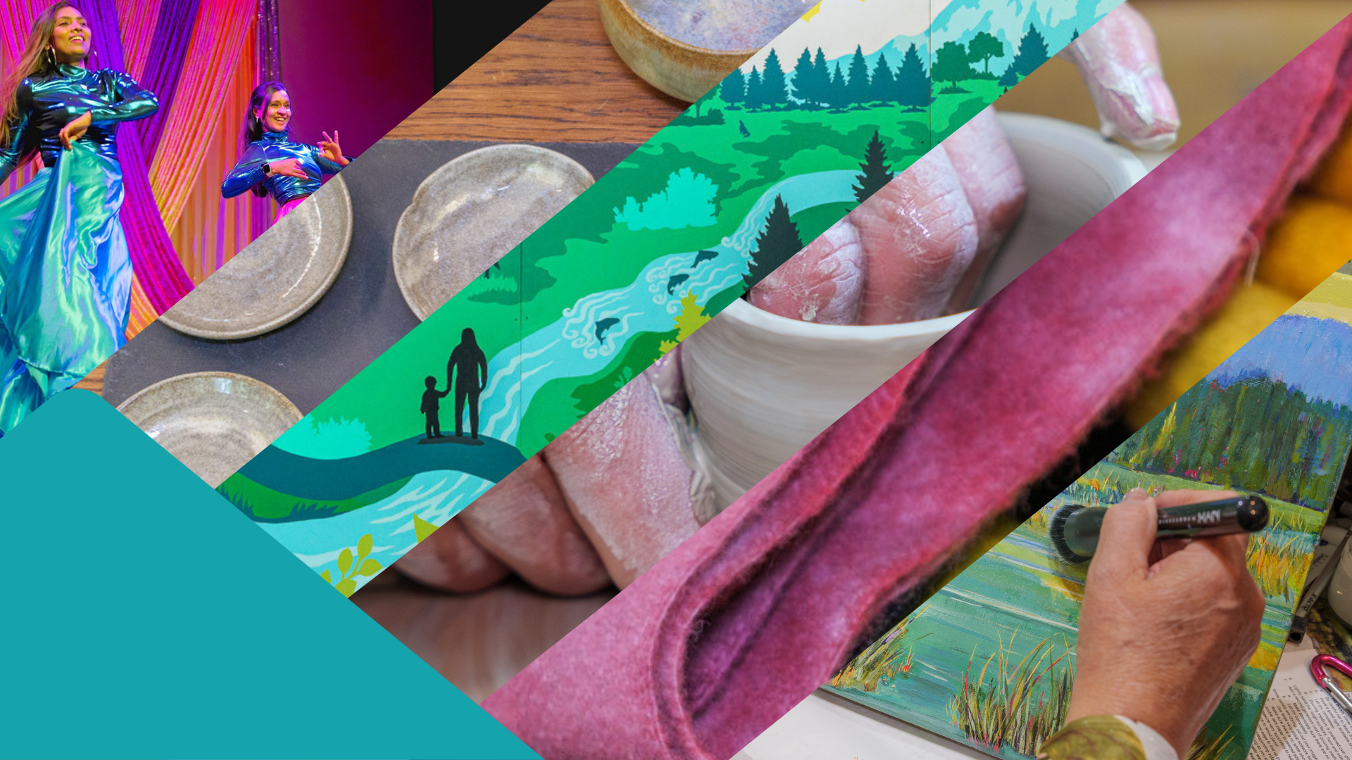 A collage showing various artistic disciplines in action, from dance, to pottery, to painting, mural and fabric dying.