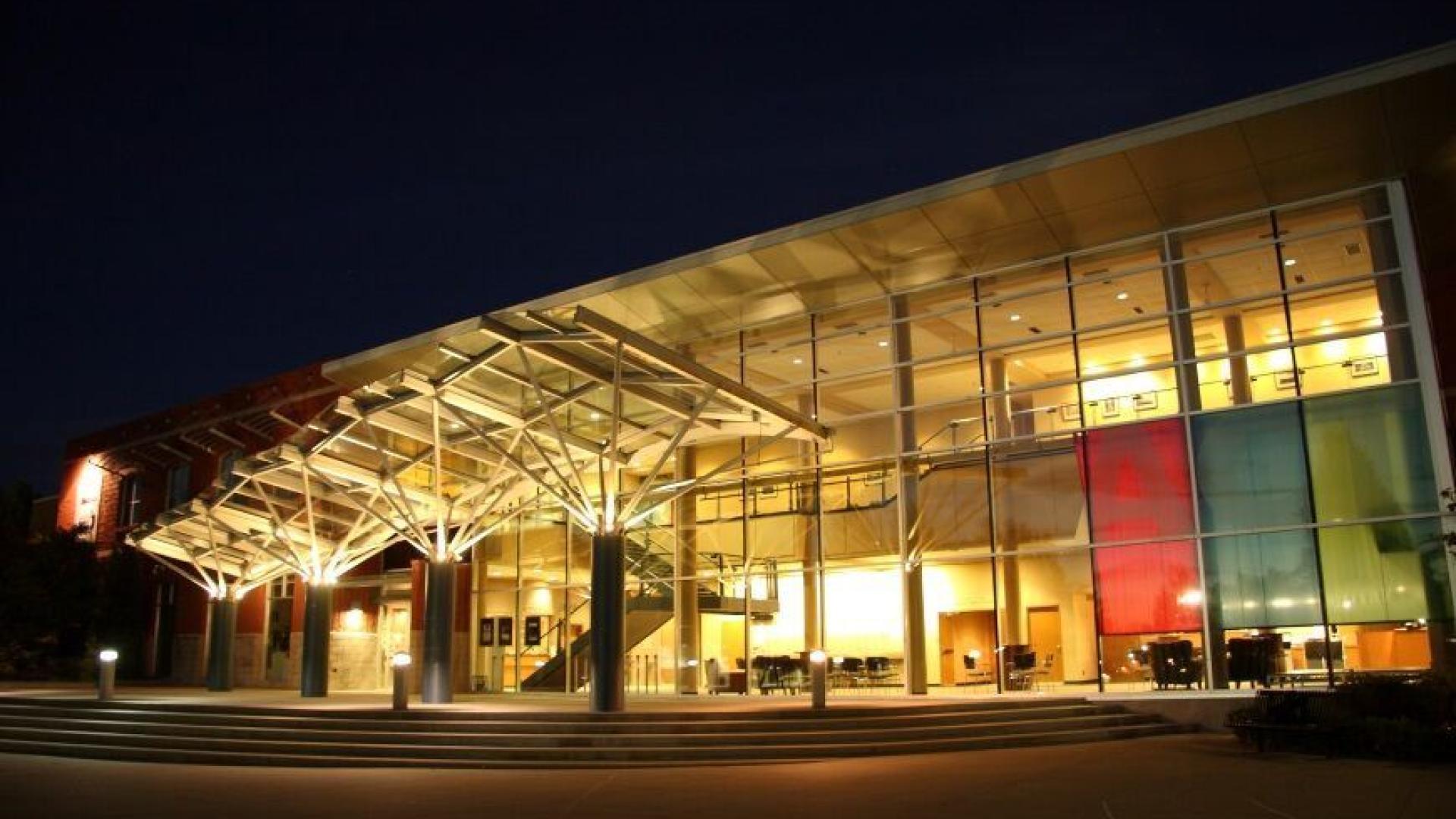 The ACT Arts Centre lights up the night.