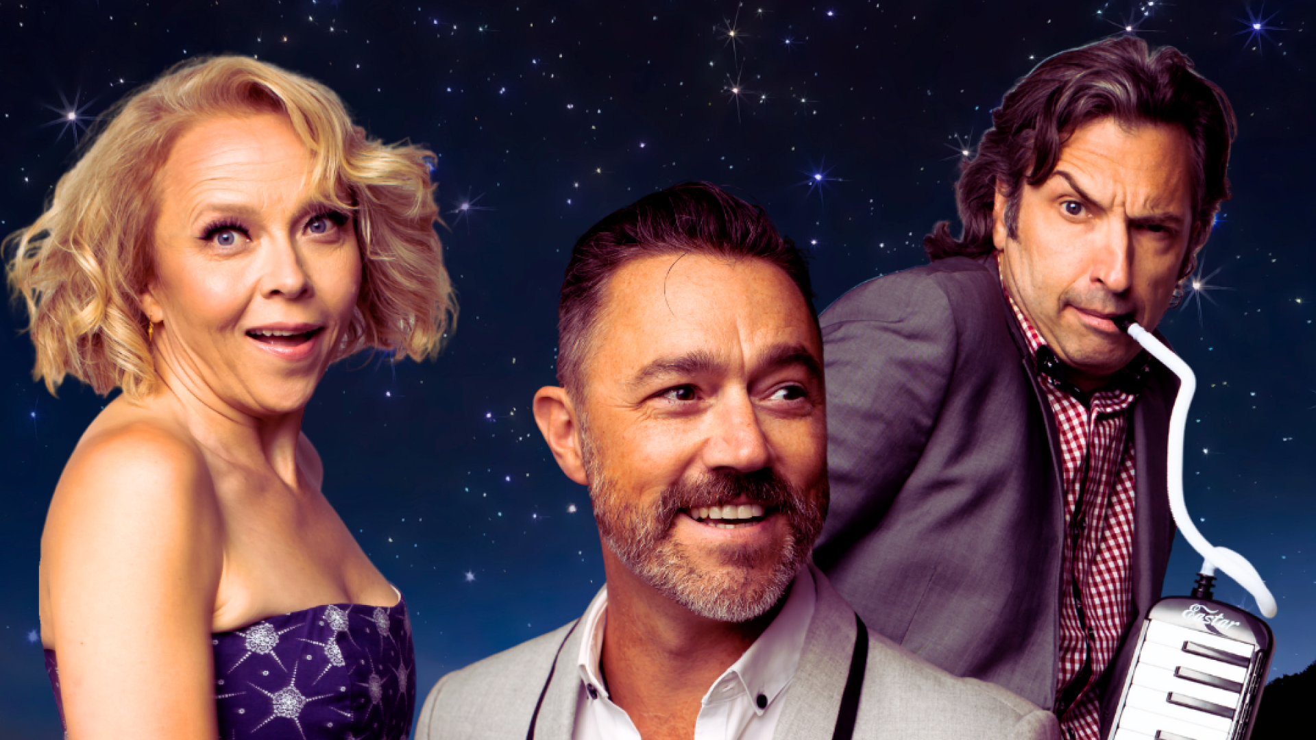 The main cast of the Comedy Department's Saturday Night Laughs stands against a starry background.