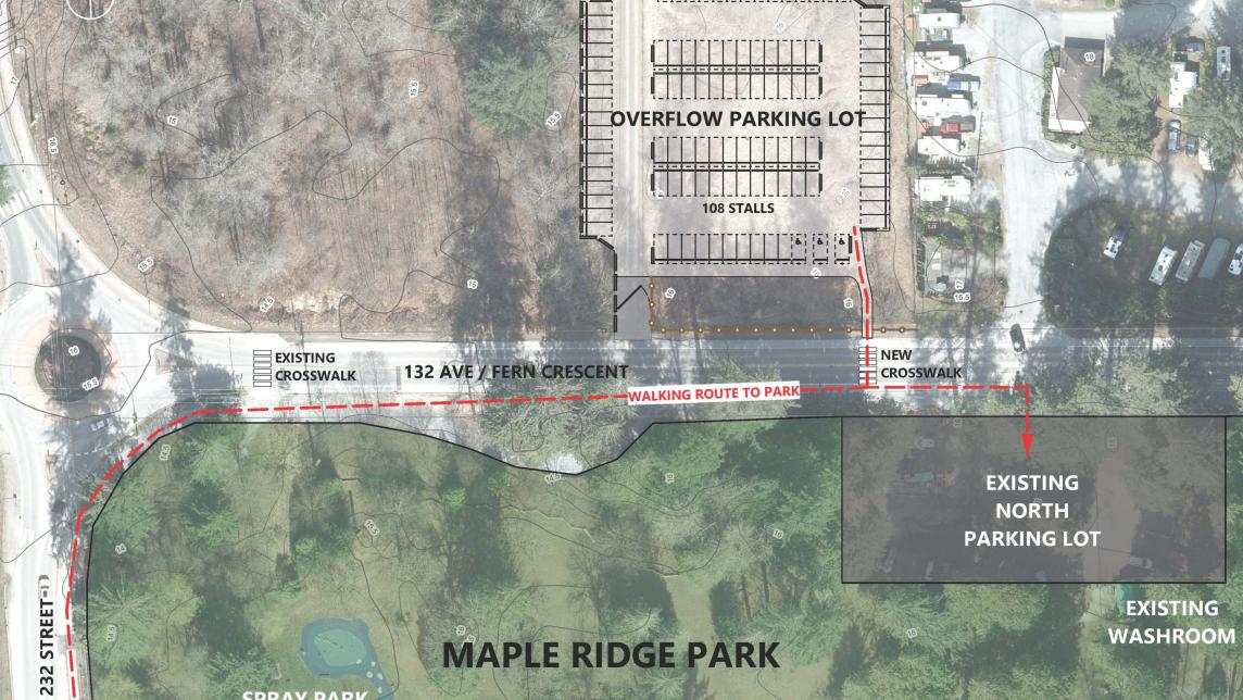 Plan showing new overflow parking in relationship to maple ridge park with pedestrian access route shown.