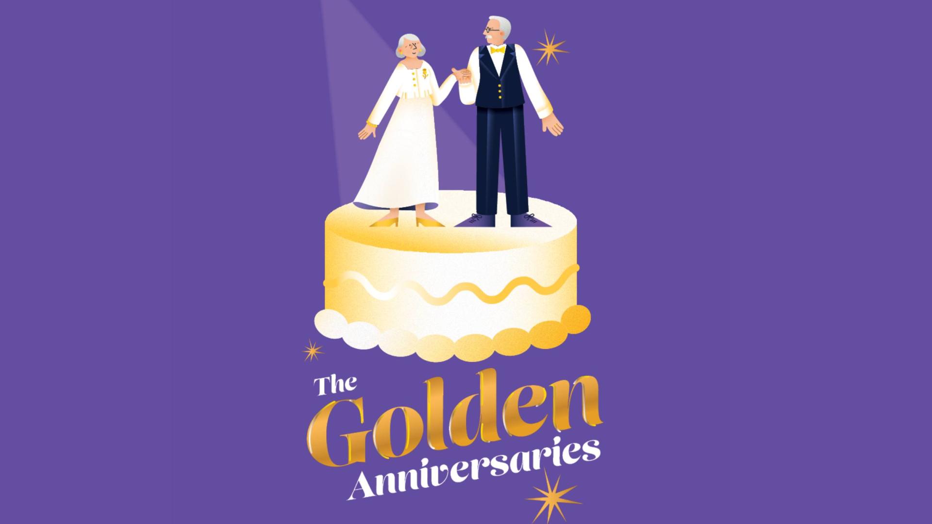 A stylized white-and-gold wedding cake with elderly groom and bride toppers sits above the words "The Golden Anniversaries" against a purple background.