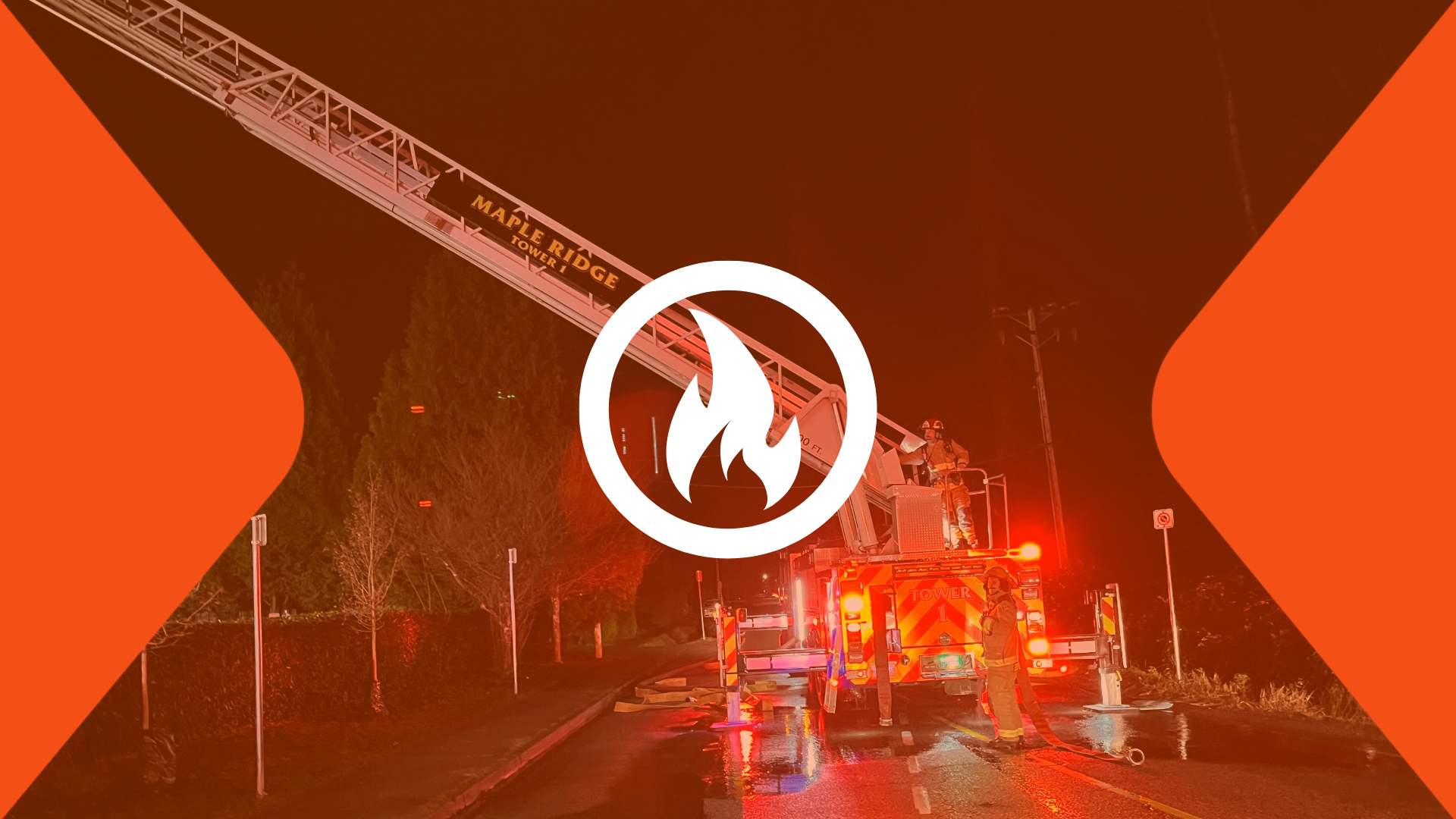 A white icon depicting fire sits overtop of a fire truck and firefighters set up on the street, combating an active blaze.