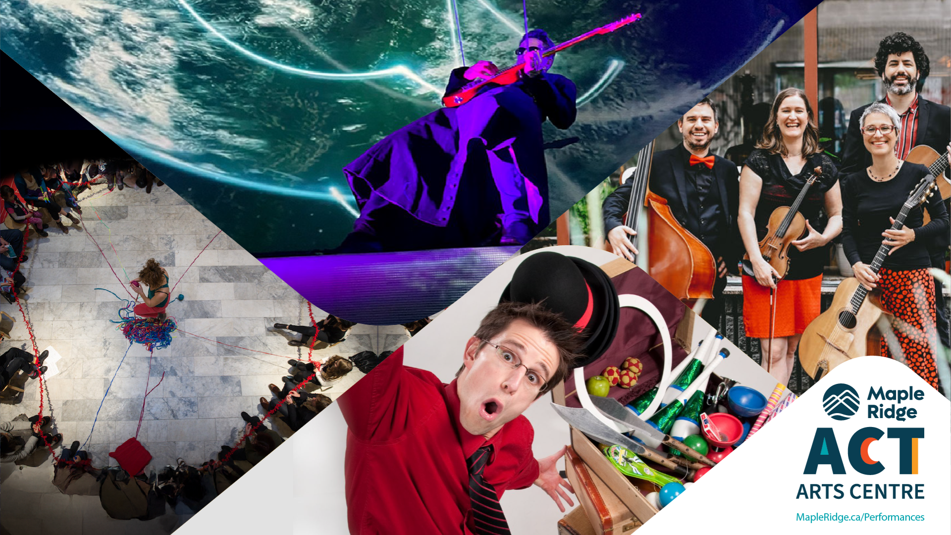 A collage of promotional images for the Zaniac, BOOM YZ, Christine Tassan et Les Imposteures, and Tricoter shows coming to the ACT Arts Centre in early 2026.