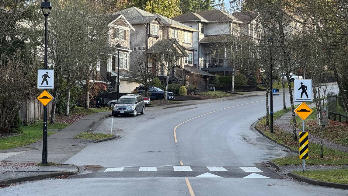 A raised crosswalk at the bottom of a hill on McClure Drive