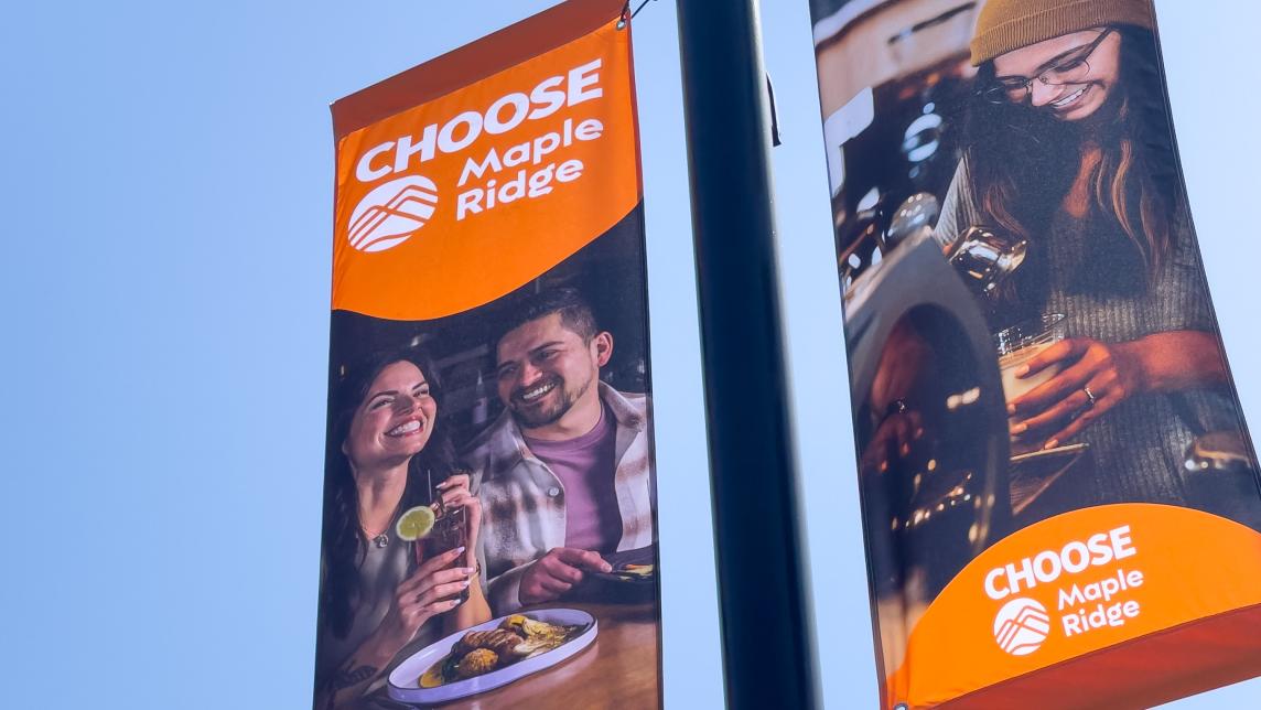 Two of the 2025 Choose Maple Ridge Street Banners, showing various dining experiences.