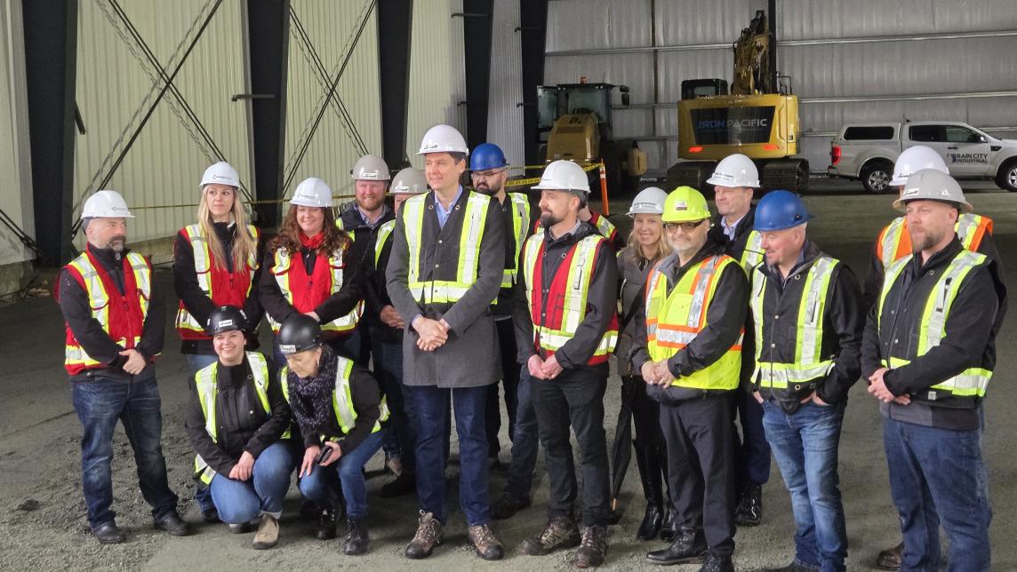 BC Premier Eby, and Maple Ridge Mayor Dan Ruimy pose in safety gear at the announcement of a Provincial investment into the Maple Ridge-Based Jewel Welding Fabrication and Coatings Ltd.