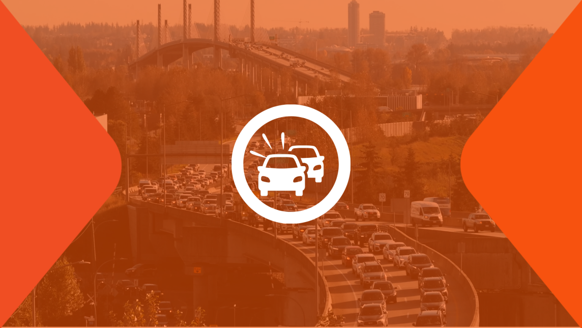 A white icon of two cars bumper to bumper sits on top of an orange-tinged photo of the Golden Ears Bridge and Golden Ears Way leading into Maple Ridge.