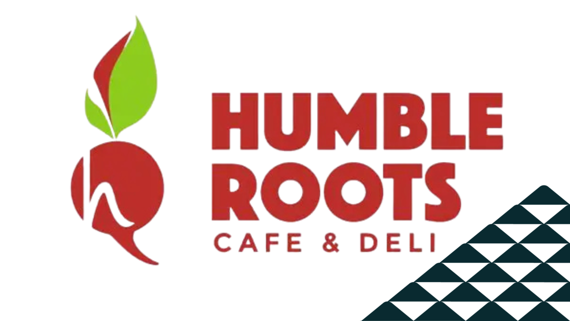 The Humble Roots Cafe & Deli logo next to a soccer-ball patterned mountain.