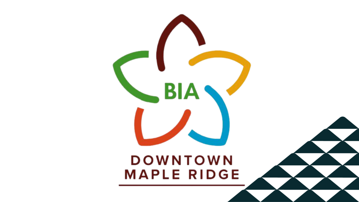 The Downtown Maple Ridge Business Improvement Association logo next to a soccer-ball patterned mountain.