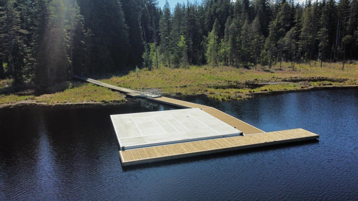 View of the new dock and boathouse platform at Whonnock Lake