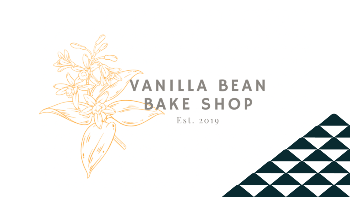 The logo for the Vanilla Bean Bake Shop next to a soccer-ball patterned mountain.