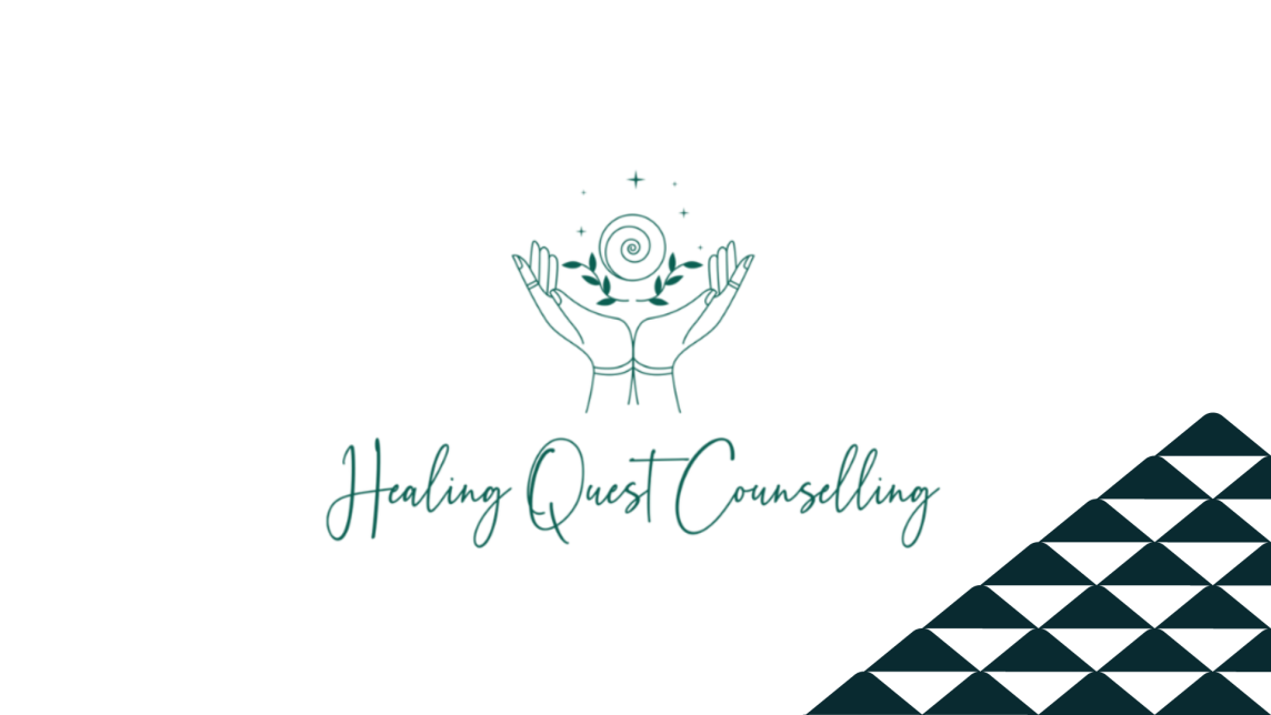 The Healing Quest Counselling logo next to a soccer-ball patterned mountain.